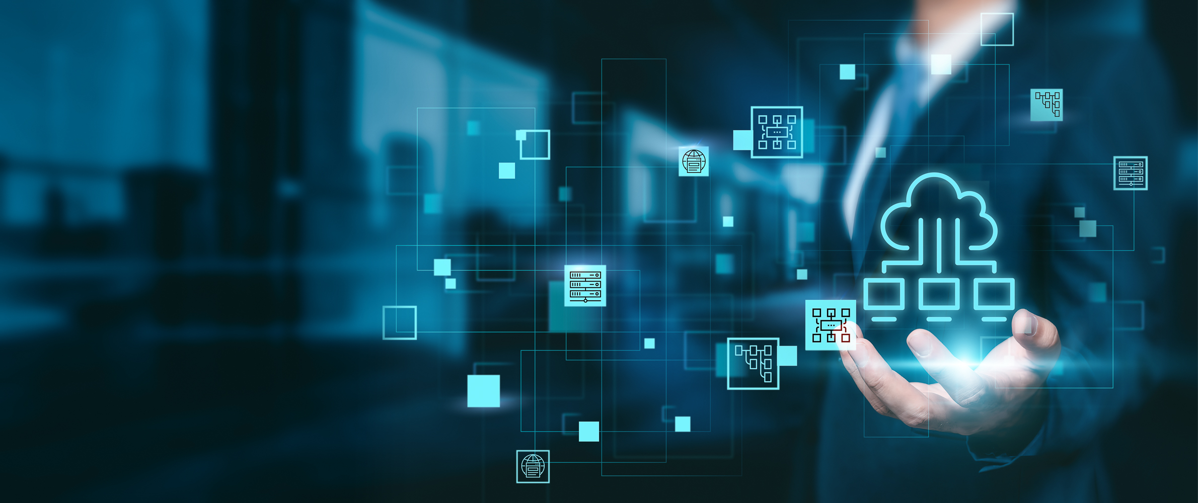 businessman holding out his hand with a digital cloud overlay